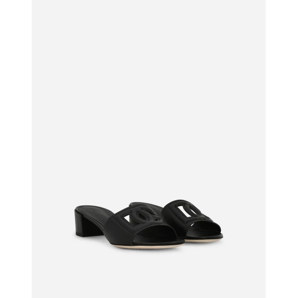 Black Dolce & Gabbana Calfskin sliders with DG logo, view 2 | Flip Flops & Slides