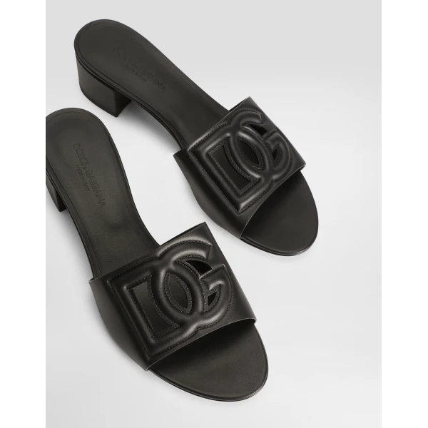 Black Dolce & Gabbana Calfskin sliders with DG logo, view 5 | Flip Flops & Slides