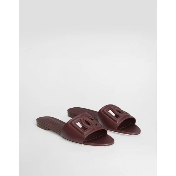 Bordeaux Dolce & Gabbana Calfskin sliders with DG logo, view 2 | Flip Flops & Slides