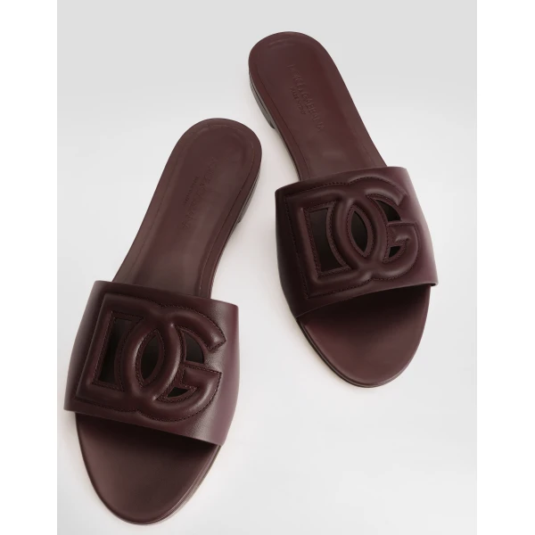 Bordeaux Dolce & Gabbana Calfskin sliders with DG logo, view 4 | Flip Flops & Slides
