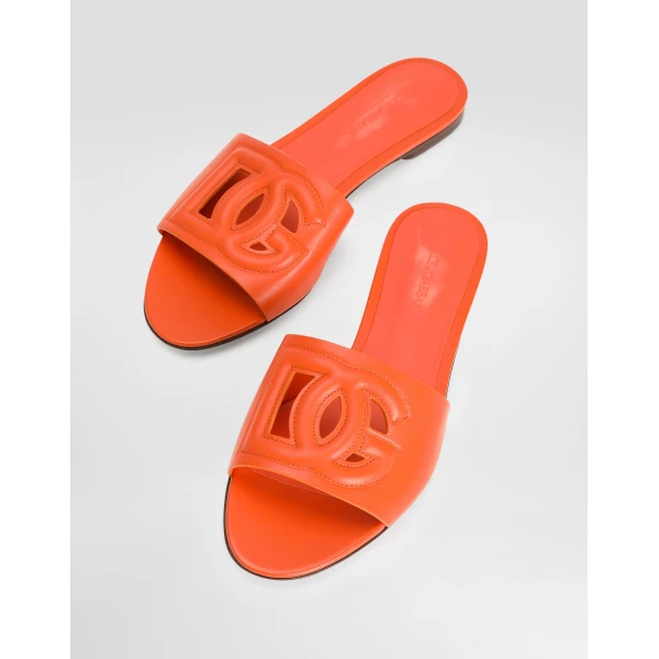 Orange Dolce & Gabbana Calfskin sliders with DG logo, view 4 | Flip Flops & Slides