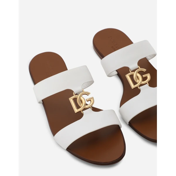 White Dolce & Gabbana Calfskin sliders with DG logo, view 5 | Flip Flops & Slides