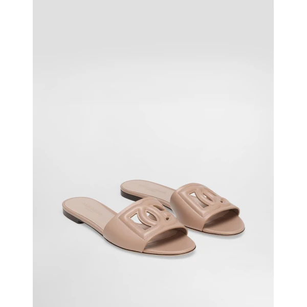 Pale Pink Dolce & Gabbana Calfskin slides with DG logo, view 2 | Flip Flops & Slides