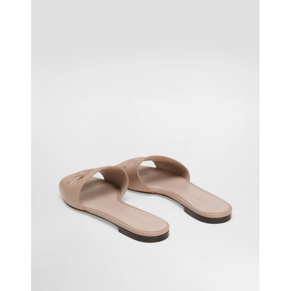 Pale Pink Dolce & Gabbana Calfskin slides with DG logo, view 3 | Flip Flops & Slides