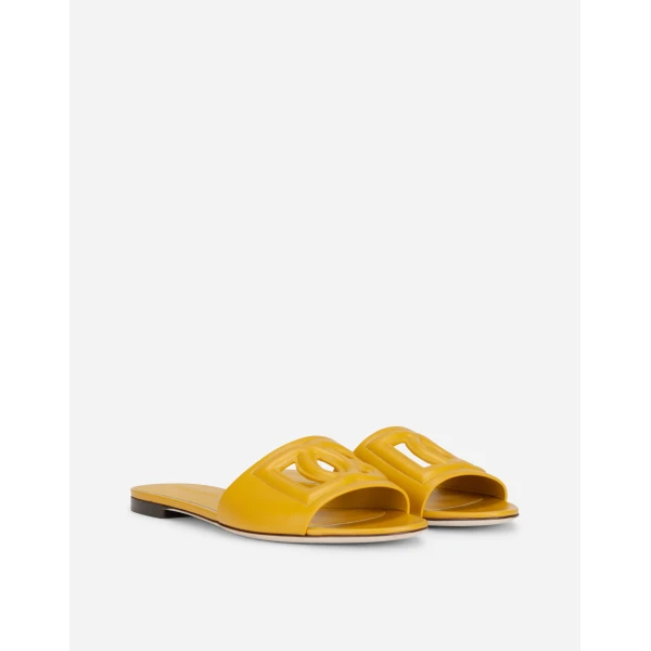 Yellow Dolce & Gabbana Calfskin slides with DG logo, view 2 | Flip Flops & Slides