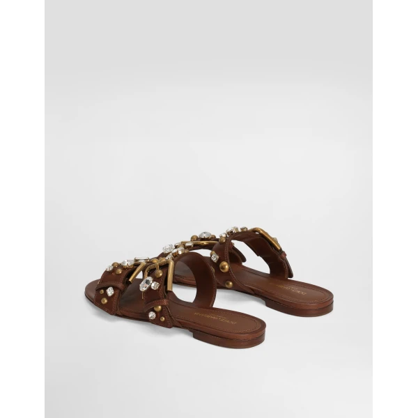Multicolour Dolce & Gabbana Cowhide embellished flat slippers, view 3 | Flip Flops & Slides