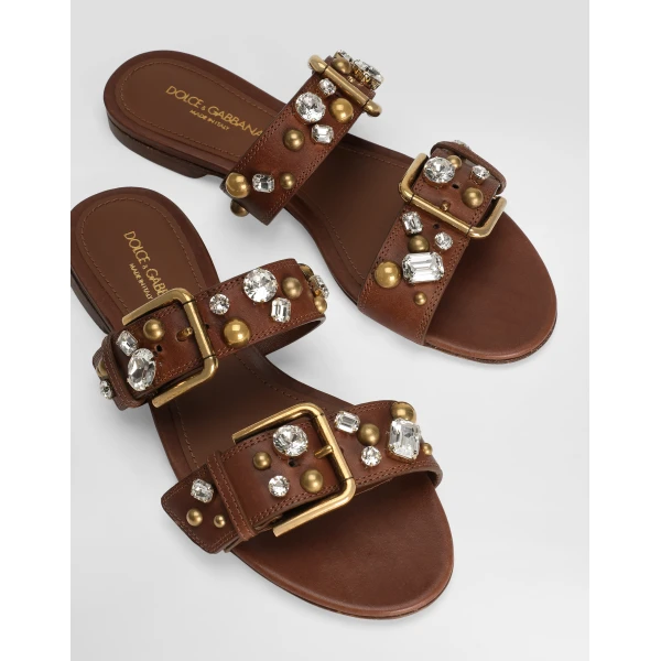 Multicolour Dolce & Gabbana Cowhide embellished flat slippers, view 4 | Flip Flops & Slides