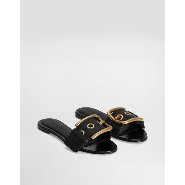 Black Dolce & Gabbana Cowhide flat slippers, view 2 | Flip Flops & Slides