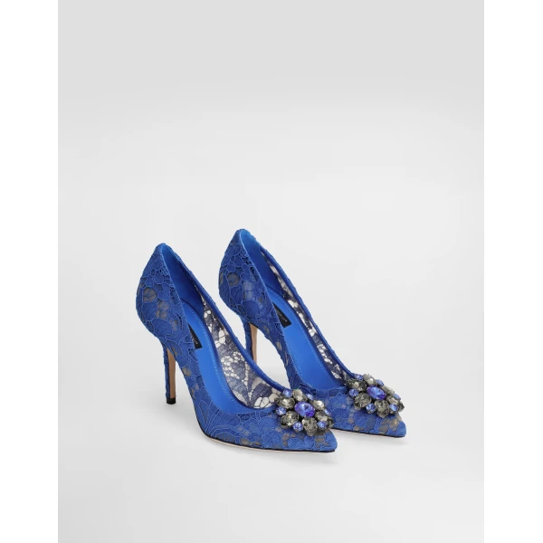 Blue Dolce & Gabbana Lace rainbow pumps with brooch detailing, view 2 | Heels
