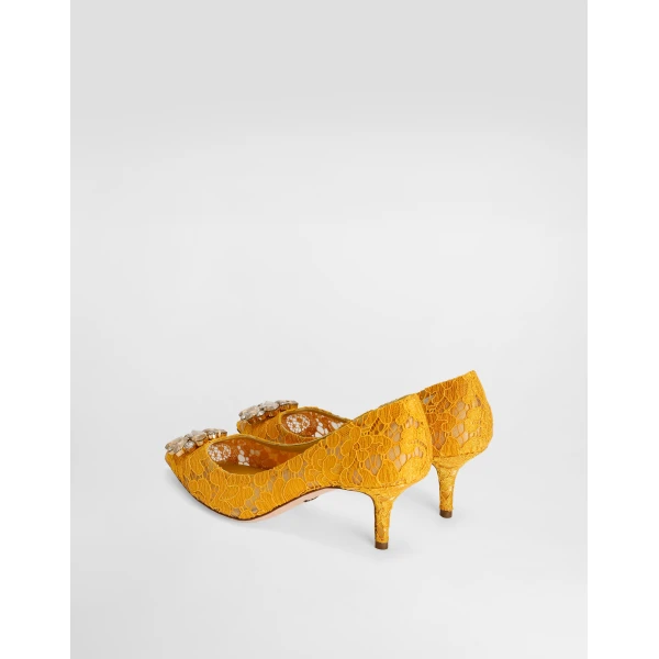 Yellow Dolce & Gabbana Lace rainbow pumps with brooch detailing, view 3 | Heels