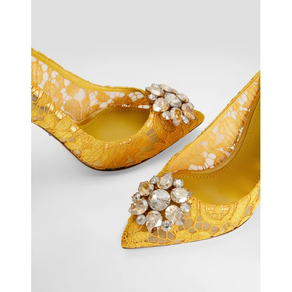 Yellow Dolce & Gabbana Lace rainbow pumps with brooch detailing, view 4 | Heels