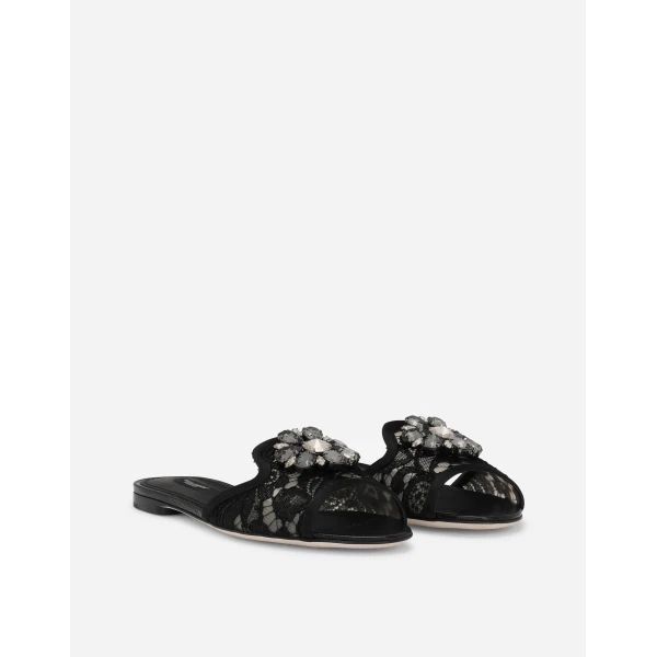 Black Dolce & Gabbana Lace rainbow slides with brooch detailing, view 2 | Flip Flops & Slides
