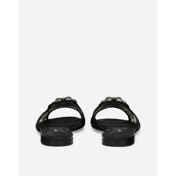 Black Dolce & Gabbana Lace rainbow slides with brooch detailing, view 3 | Flip Flops & Slides
