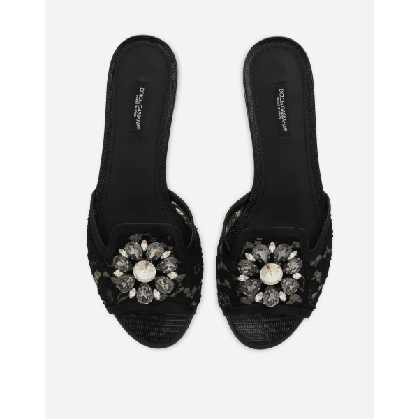Black Dolce & Gabbana Lace rainbow slides with brooch detailing, view 4 | Flip Flops & Slides