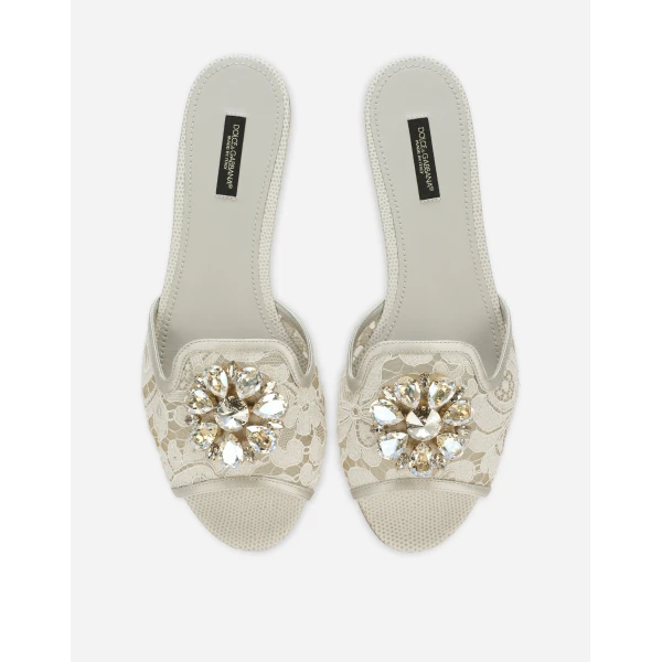 Grey Dolce & Gabbana Lace rainbow slides with brooch detailing, view 4 | Flip Flops & Slides