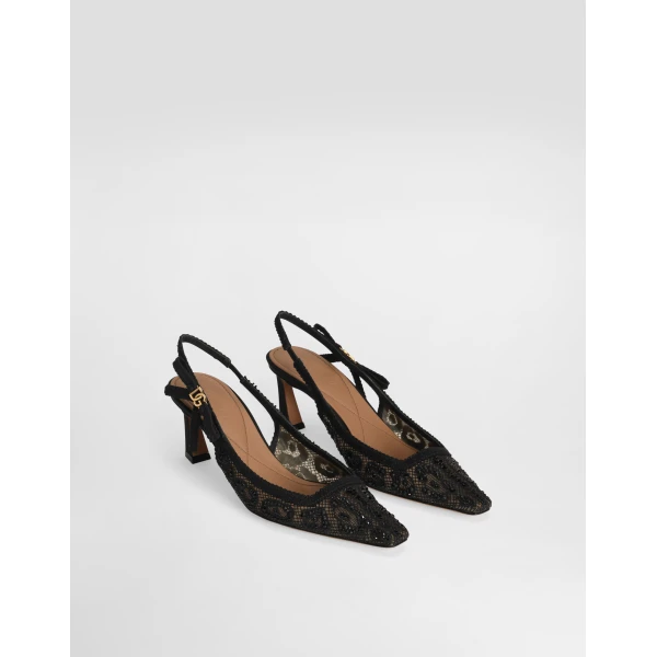 Black Dolce & Gabbana Leopard-design lace slingbacks with fusible rhinestones, view 2 | Heels