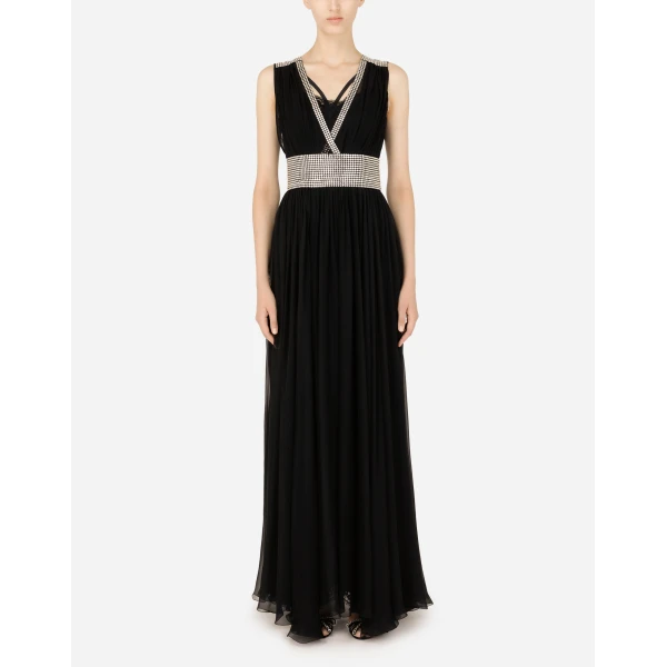 Black Dolce & Gabbana Long chiffon dress with fusible rhinestone detailing, view 2 | Maxi Dresses