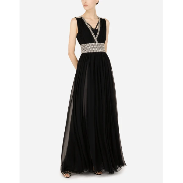 Black Dolce & Gabbana Long chiffon dress with fusible rhinestone detailing, view 5 | Maxi Dresses