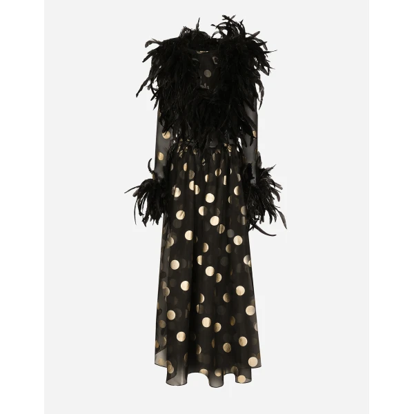 Print Dolce & Gabbana Long polka-dot silk organza dress with feathered details, view 2 | Maxi Dresses