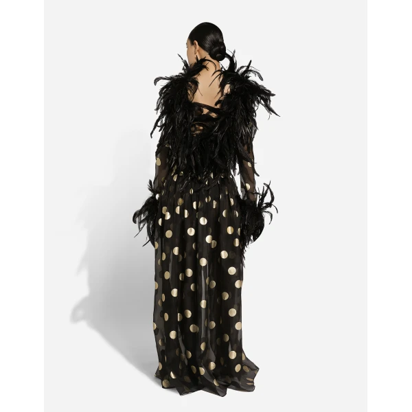 Print Dolce & Gabbana Long polka-dot silk organza dress with feathered details, view 4 | Maxi Dresses