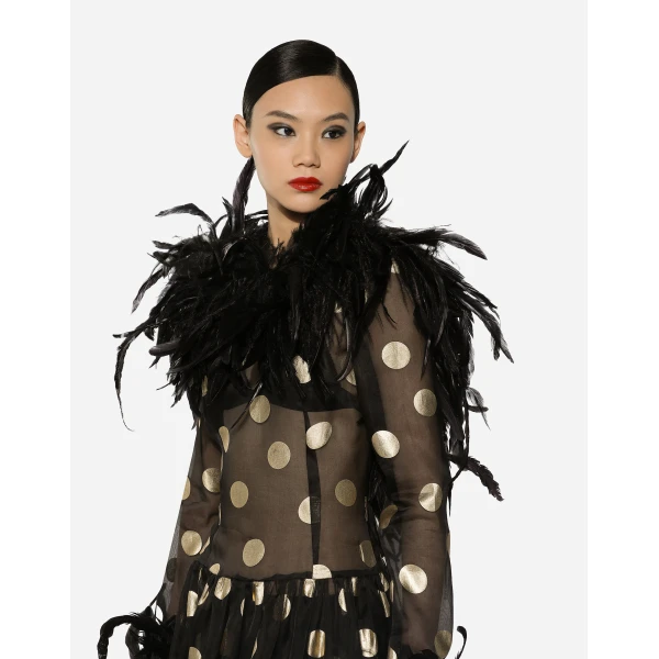 Print Dolce & Gabbana Long polka-dot silk organza dress with feathered details, view 6 | Maxi Dresses