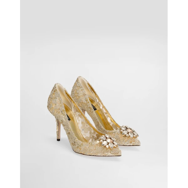 Gold Dolce & Gabbana Lurex lace rainbow pumps with brooch detailing, view 2 | Heels