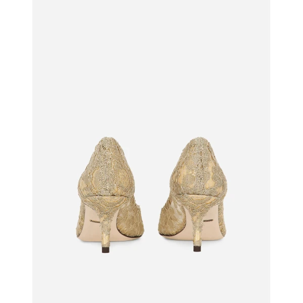 Gold Dolce & Gabbana Lurex lace rainbow pumps with brooch detailing, view 3 | Heels