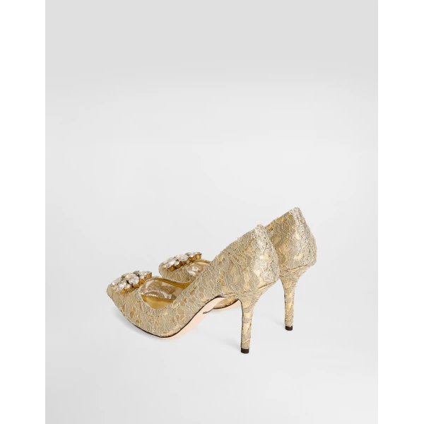 Gold Dolce & Gabbana Lurex lace rainbow pumps with brooch detailing, view 3 | Heels