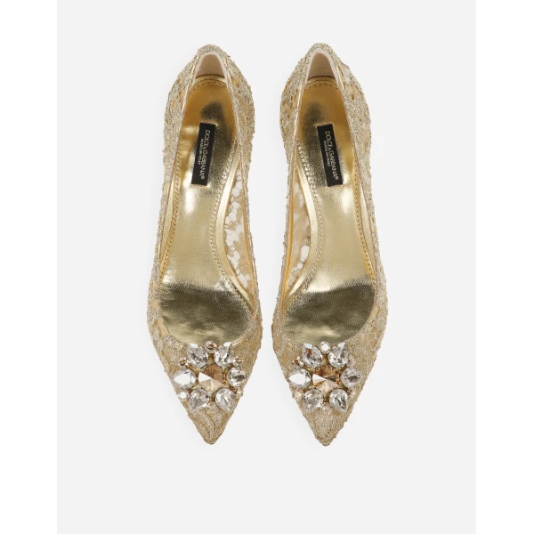 Gold Dolce & Gabbana Lurex lace rainbow pumps with brooch detailing, view 4 | Heels