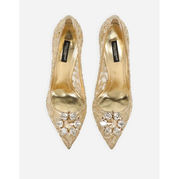 Gold Dolce & Gabbana Lurex lace rainbow pumps with brooch detailing, view 5 | Heels