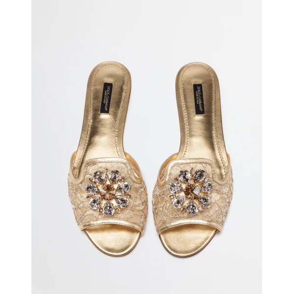 Gold Dolce & Gabbana Lurex lace rainbow slides with brooch detailing, view 3 | Flip Flops & Slides