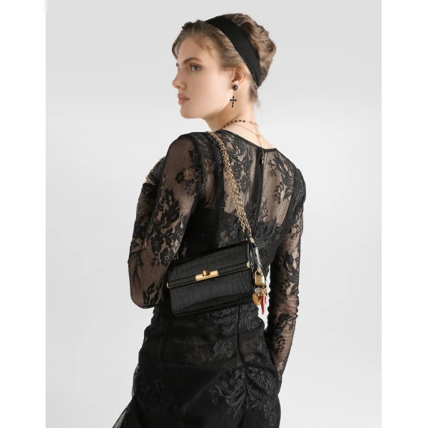 Black Dolce & Gabbana Marlene city mini bag in polished alligator, view 2 | Mini Bags