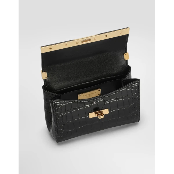 Black Dolce & Gabbana Marlene city mini bag in polished alligator, view 6 | Mini Bags
