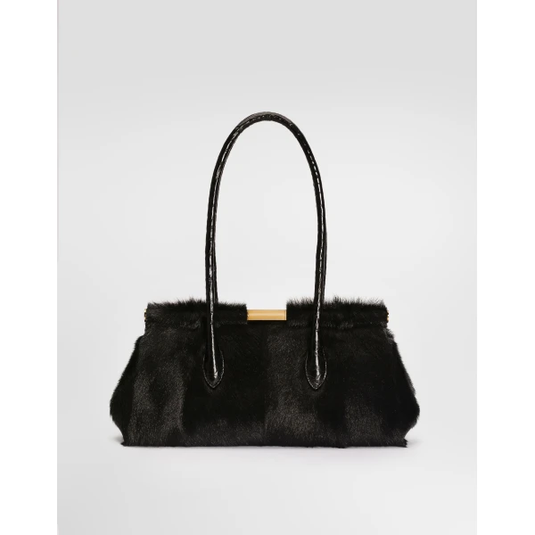 Black Dolce & Gabbana Marlene handbag in kid leather and polished crocodile, view 3 | Totes & Top-Handle Bags