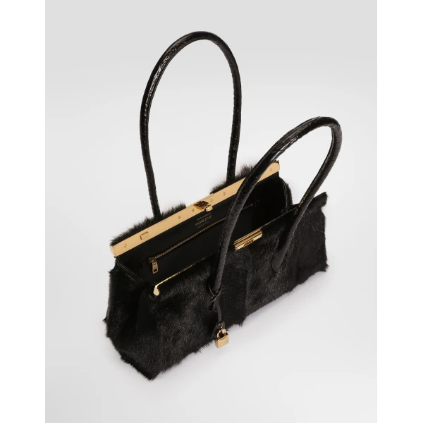 Black Dolce & Gabbana Marlene handbag in kid leather and polished crocodile, view 5 | Totes & Top-Handle Bags
