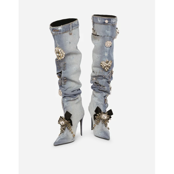 Blue Dolce & Gabbana Patchwork denim boots with embroidery, view 4 | Boots