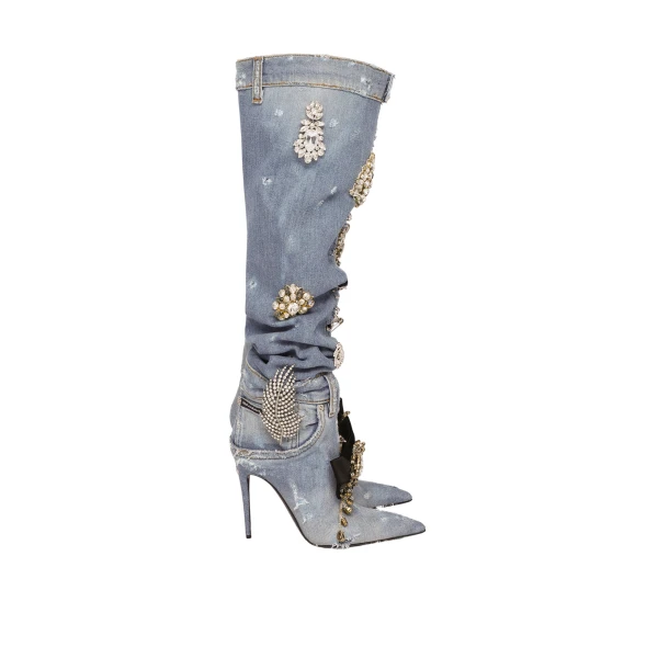 Patchwork denim boots with embroidery