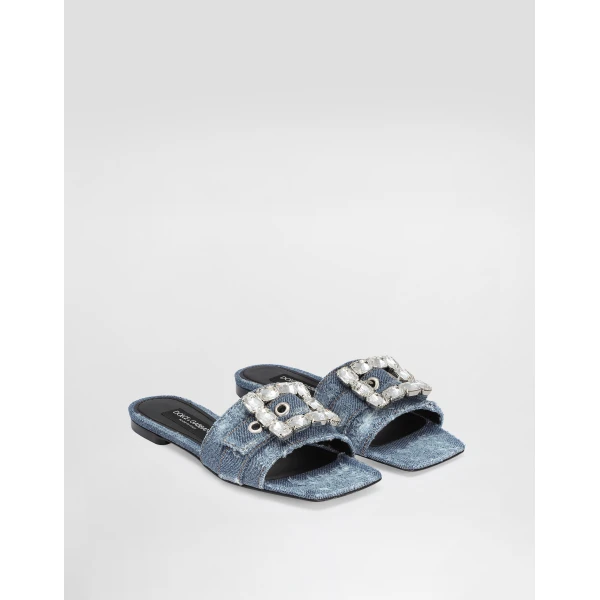 Blue Dolce & Gabbana Patchwork denim slides with rhinestone buckle, view 2 | Flip Flops & Slides