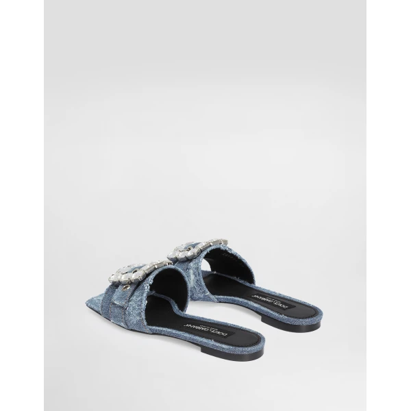 Blue Dolce & Gabbana Patchwork denim slides with rhinestone buckle, view 3 | Flip Flops & Slides