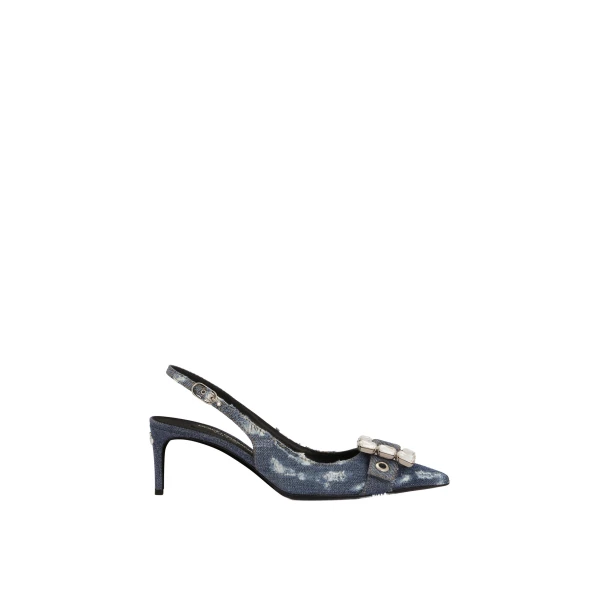 Patchwork denim slingbacks with rhinestone buckle