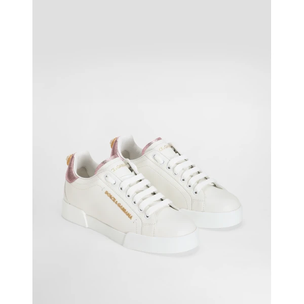 White and Pink Dolce & Gabbana Portofino sneakers in nappa calfskin with lettering, view 2 | Sneakers
