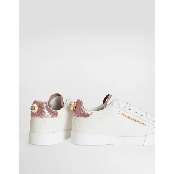 White and Pink Dolce & Gabbana Portofino sneakers in nappa calfskin with lettering, view 4 | Sneakers