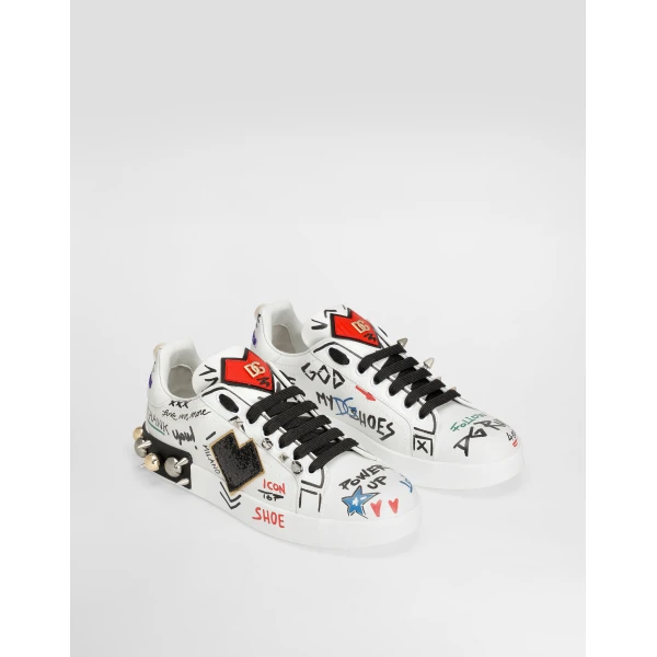 Multicolour Dolce & Gabbana Printed calfskin Portofino sneakers with patch, view 2 | Sneakers