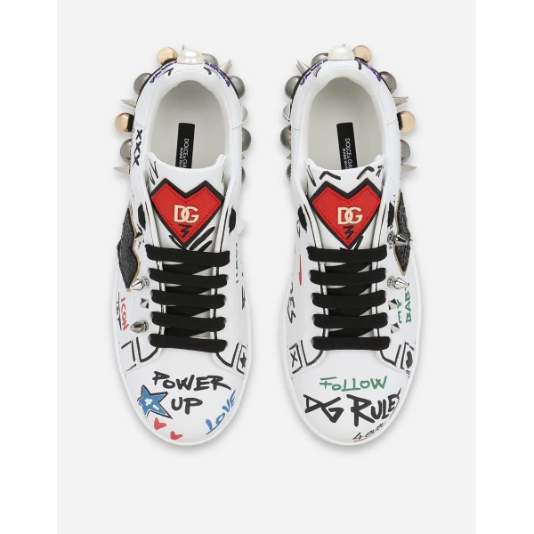 Multicolour Dolce & Gabbana Printed calfskin Portofino sneakers with patch, view 4 | Sneakers