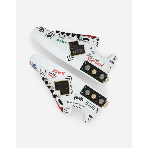 Multicolour Dolce & Gabbana Printed calfskin Portofino sneakers with patch, view 6 | Sneakers