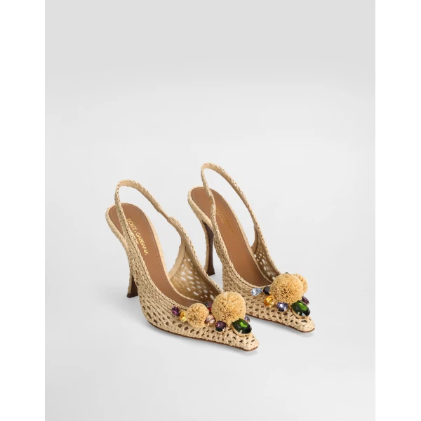 Multicolour Dolce & Gabbana Rafia crochet slingback with stones, view 2 | Heels