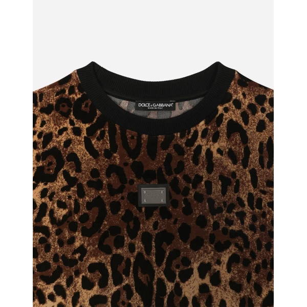 Multicolour Dolce & Gabbana Round-neck chenille sweatshirt with jacquard leopard design, view 3 | Shirts