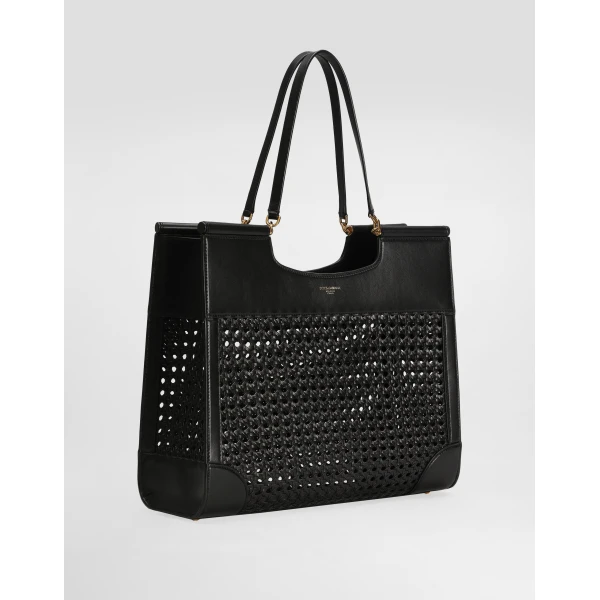 Black Dolce & Gabbana Shopping Sicily in straw and calfskin weave, view 3 | Totes & Top-Handle Bags
