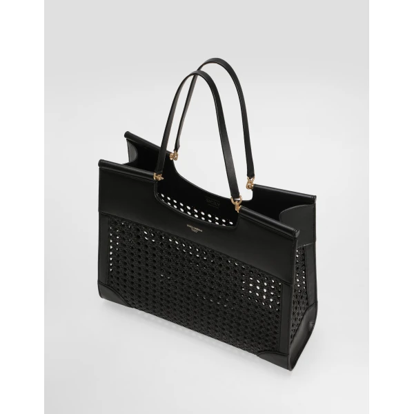 Black Dolce & Gabbana Shopping Sicily in straw and calfskin weave, view 5 | Totes & Top-Handle Bags