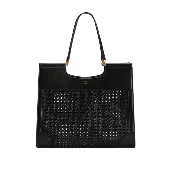 Black Dolce & Gabbana Shopping Sicily in straw and calfskin weave | Totes & Top-Handle Bags